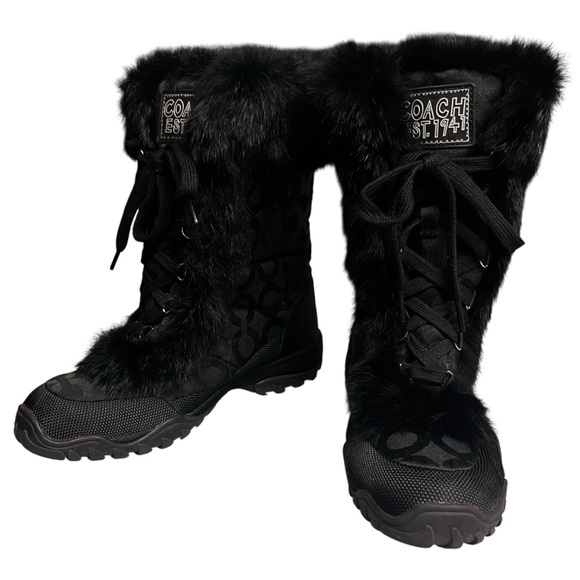 EUC! | Coach | Jennie Y2K Genuine Rabbit Fur Trim Logo Lace Up Winter Boots - Picture 1 of 8